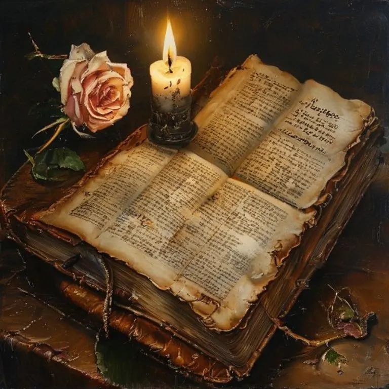 Una pintura al óleo de un libro antiguo abierto, titulado 'Summa Theologica', con una vela parpadeante y un reloj de arena cerca, simbolizando la sabiduría y el paso del tiempo.