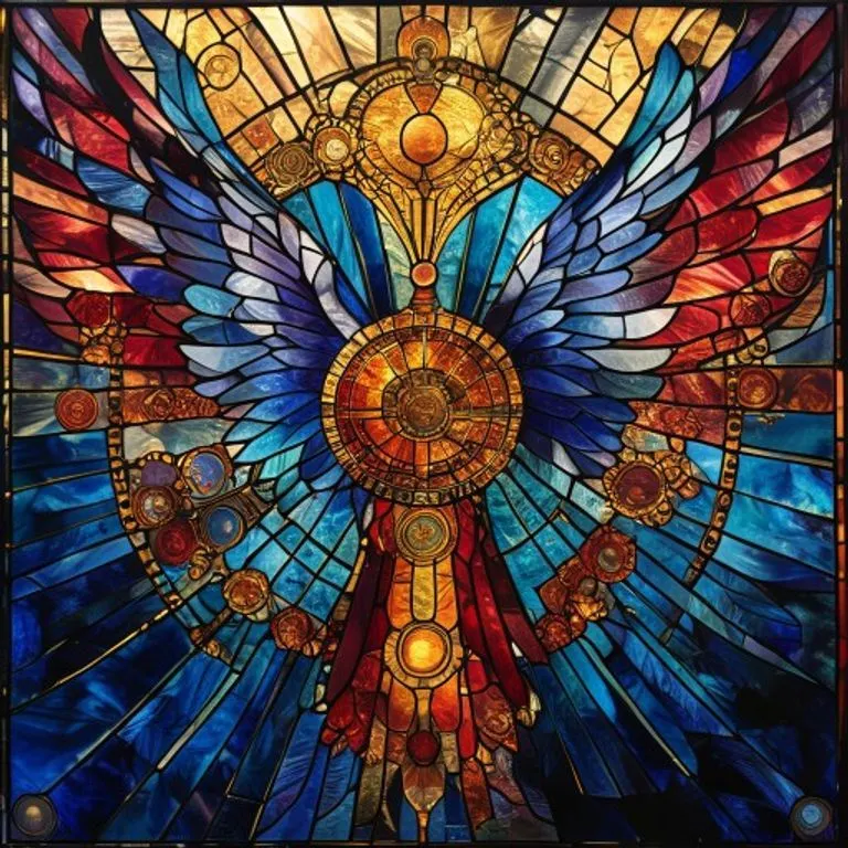 Vitral representando engranajes celestiales y alas entrelazadas en tonos azules y dorados