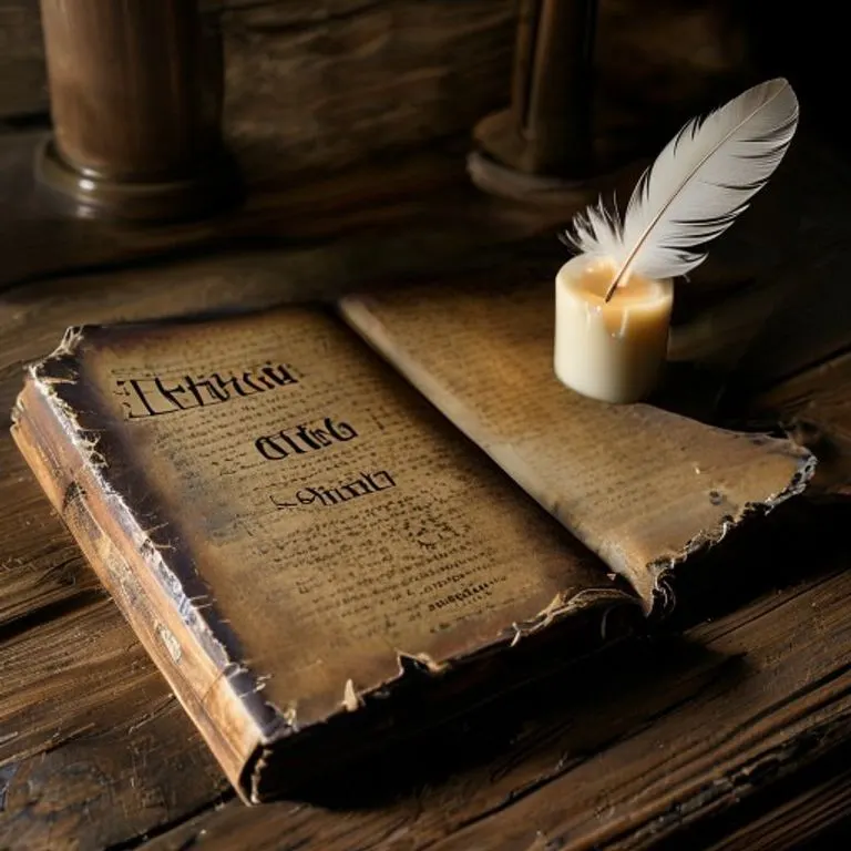 An antique wooden desk with an open journal titled 'Ethical Guidelines,' a feather quill, and an unlit candle, symbolizing solemn reflection on responsibility.