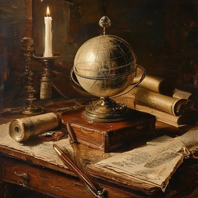 Oil painting of an antique armillary sphere on a desk with scrolls and quills, illuminated by a candle