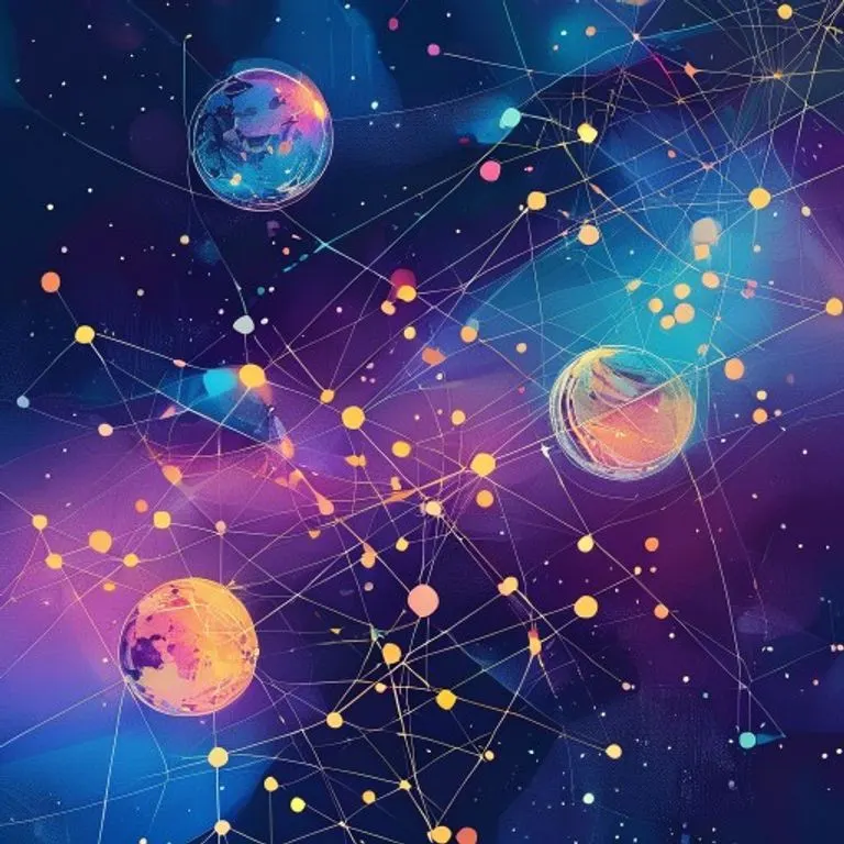 Digital illustration of interconnected lines and glowing points representing planets and constellations in an abstract, modern style