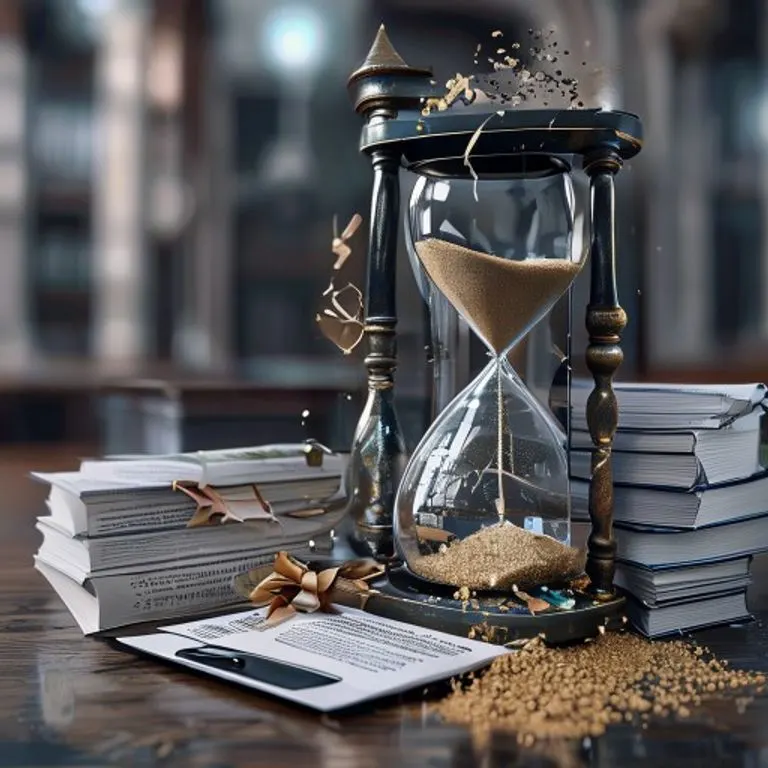 Render 3D de un reloj de arena roto, documentos antiguos y una tablet moderna, simbolizando la transición y adaptación legal.