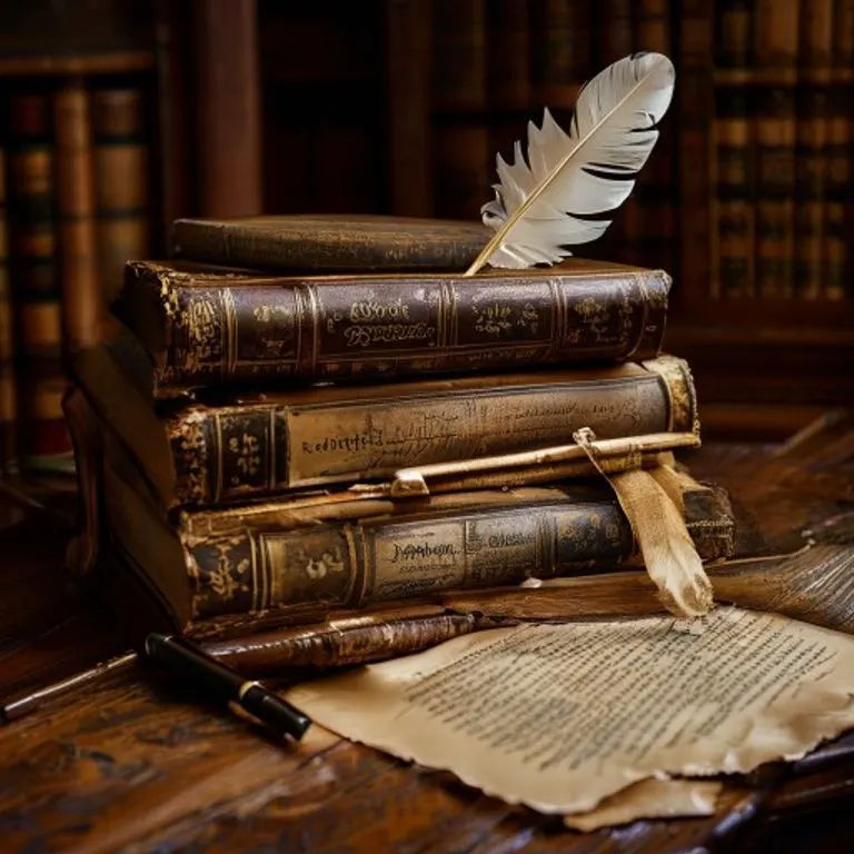 Fotografía cinematográfica de tomos legales antiguos apilados en un escritorio de madera, con una pluma y un pergamino abierto, bajo una iluminación dramática.