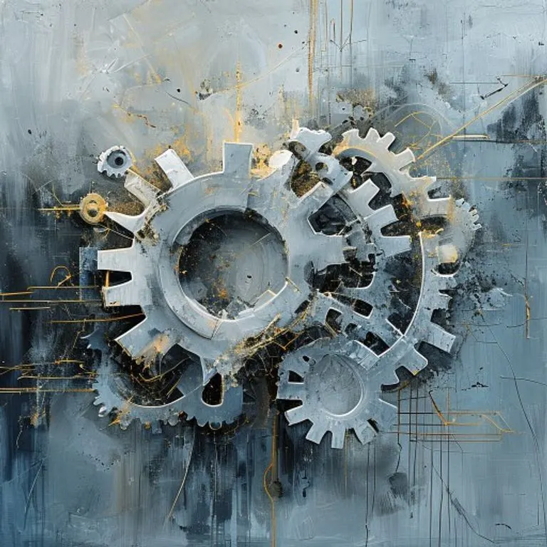 Pintura conceptual abstracta de la angustia financiera y la recuperación, con engranajes rotos que se reensamblan lentamente, con tonos grises y azules que contrastan con líneas doradas emergentes.