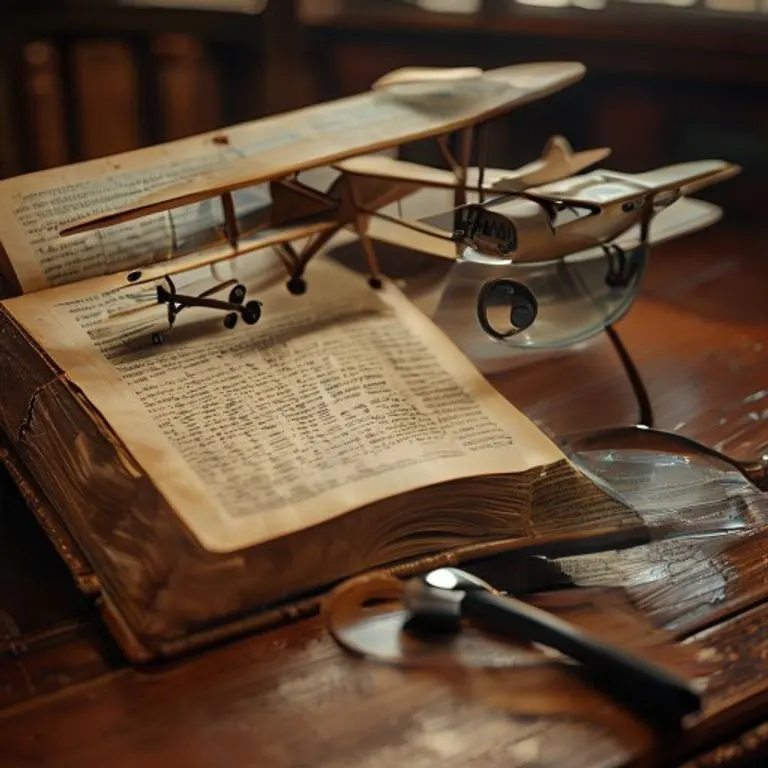 Libro de leyes antiguo abierto con un biplano y un avión moderno en miniatura sobre un escritorio de madera.