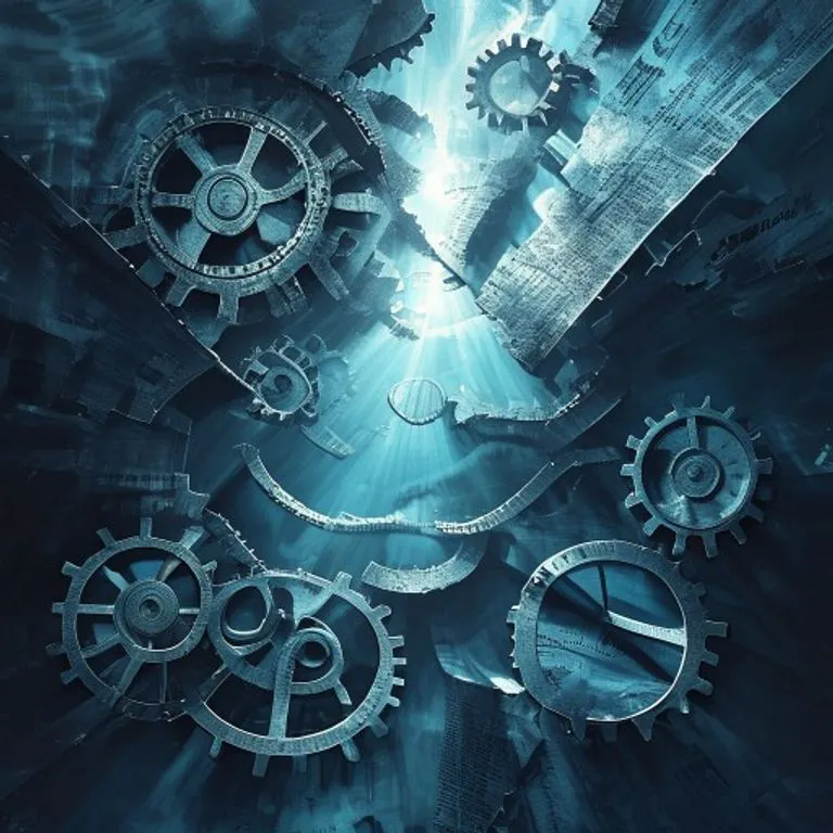 Engranajes y cogs fragmentados de metal y papel con texto legal, flotando en un vacío azul oscuro con luz etérea.