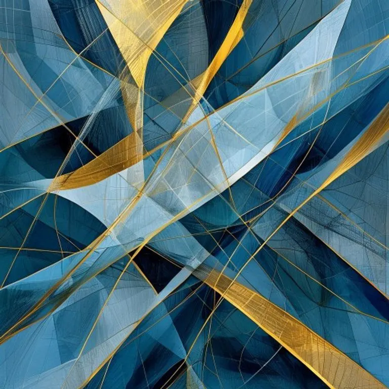 Formas geométricas abstractas interconectadas en tonos azules y dorados, representando la complejidad de las leyes internacionales y la protección global.