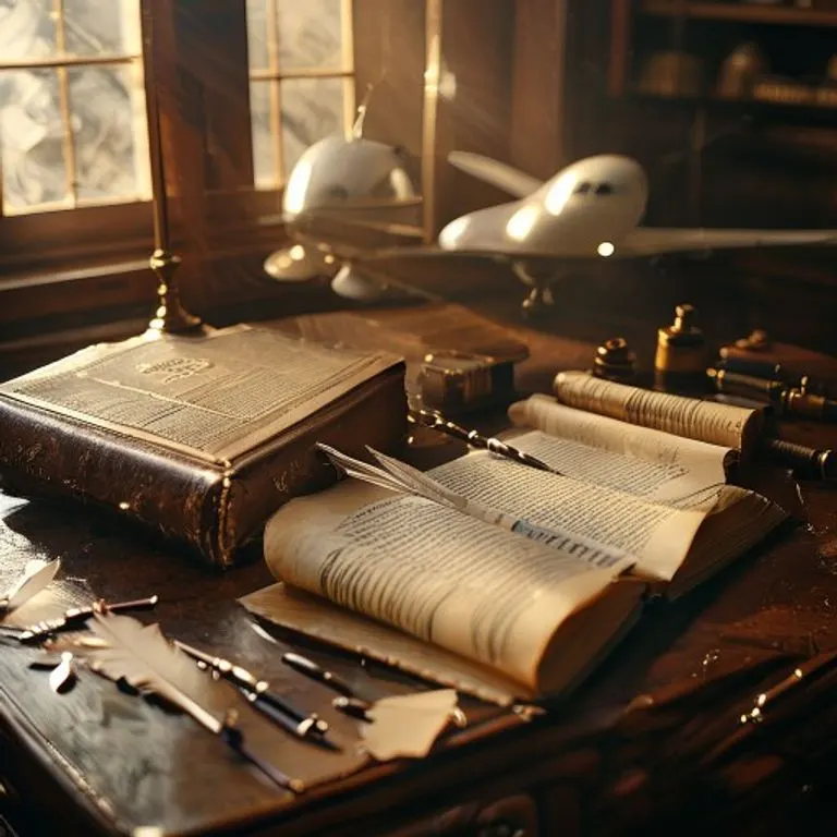 Representación artística de un escritorio de abogado con documentos legales, un modelo de avión y una pluma, simbolizando la formalidad y el rigor del derecho aeronáutico.