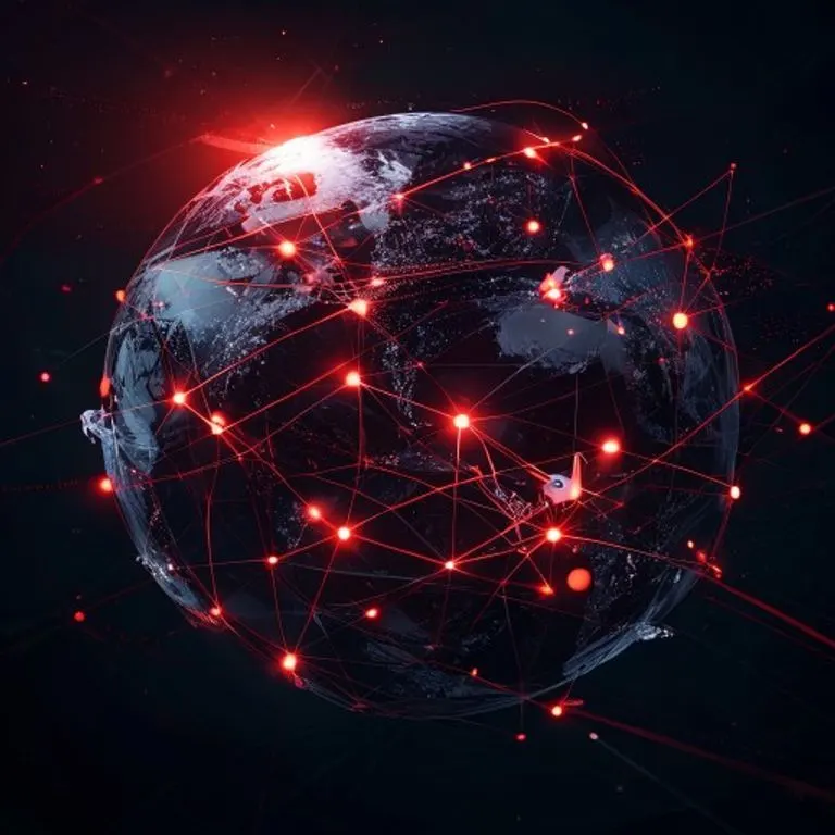 Arte conceptual abstracto de una red global de líneas y nodos luminosos sobre una esfera oscura, con siluetas de aviones, simbolizando rutas aéreas y acuerdos legales internacionales.
