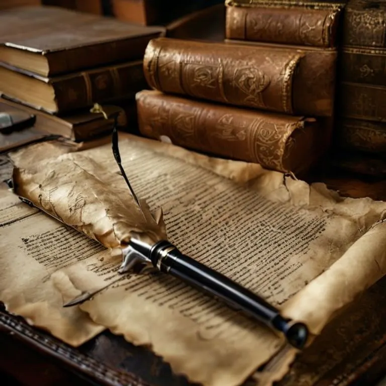 Escritorio con libros de leyes antiguos, pluma y pergamino con un avión, lupa.
