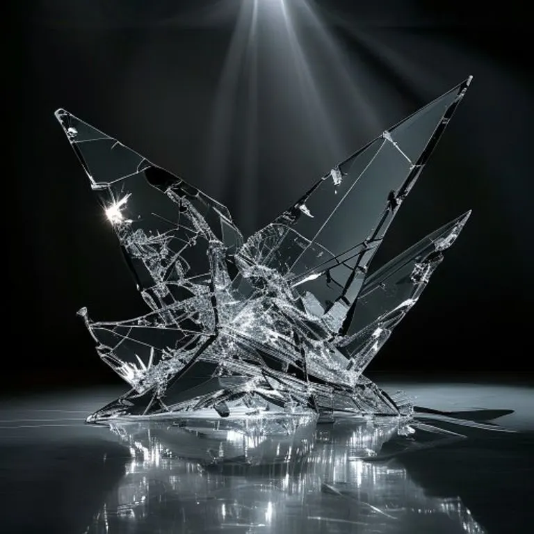 Escultura de cristal rota de un ala de avión, con fragmentos afilados y sombras dramáticas.