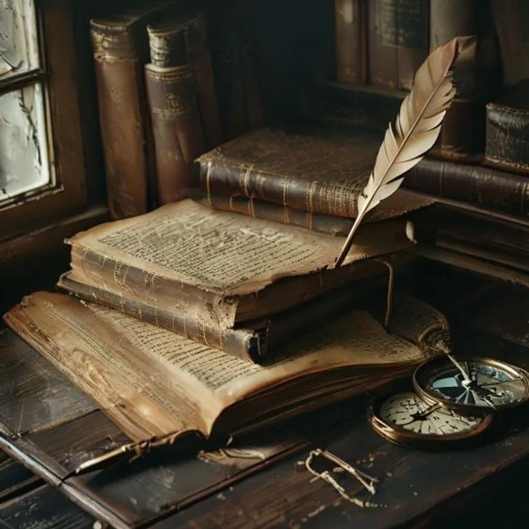 Pila de libros de leyes antiguos de cuero en un escritorio de madera oscura, con pluma y brújula, iluminación cinematográfica.