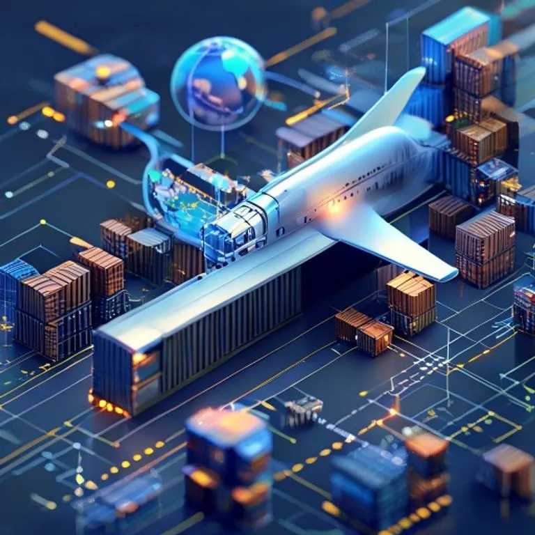 Render 3D isométrico de contenedores de carga en un avión estilizado, con gráficos digitales y un globo, simbolizando logística global.