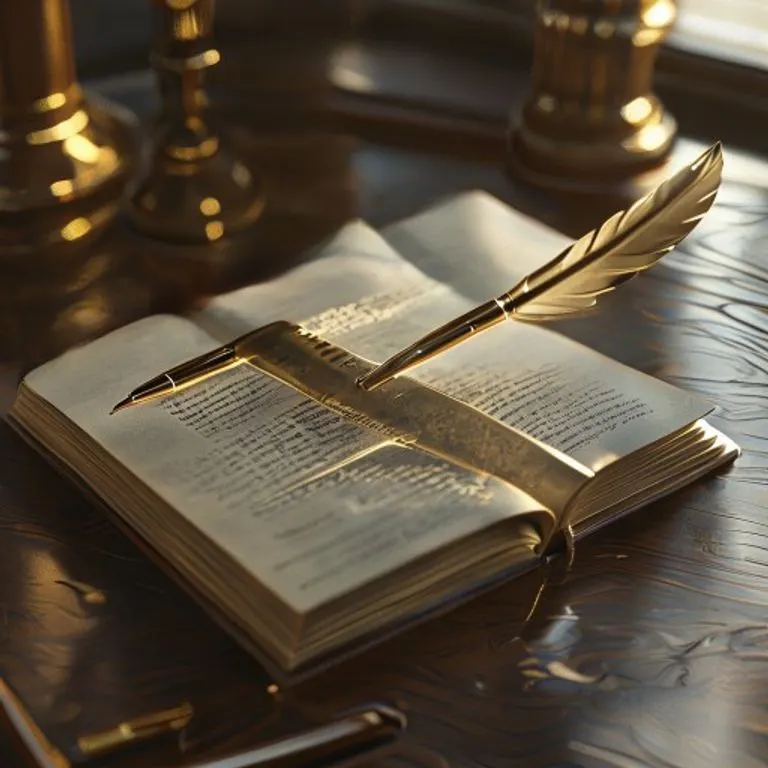 Representación 3D de un libro de leyes abierto con un avión translúcido superpuesto en sus páginas, sobre un escritorio de madera oscura, con una pluma antigua al lado.