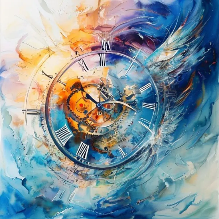 Pintura acuarela abstracta de un reloj derretido o distorsionado, con elementos de alas y nubes que se fusionan, evocando la sensación de tiempo perdido y la incertidumbre del viaje.