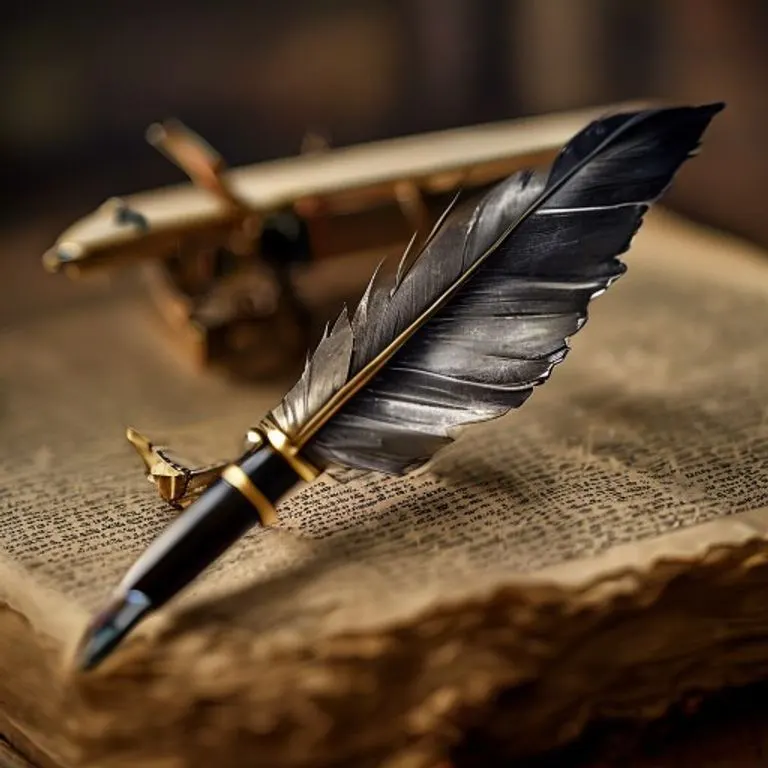 Una pluma de ave antigua sobre un libro de leyes abierto, con un modelo de avión en miniatura al fondo.