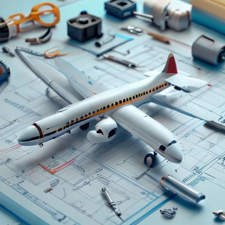 Render 3D de un avión a escala sobre un plano, rodeado de listas de verificación de seguridad y herramientas en miniatura, simbolizando el mantenimiento y la formación aeronáutica.