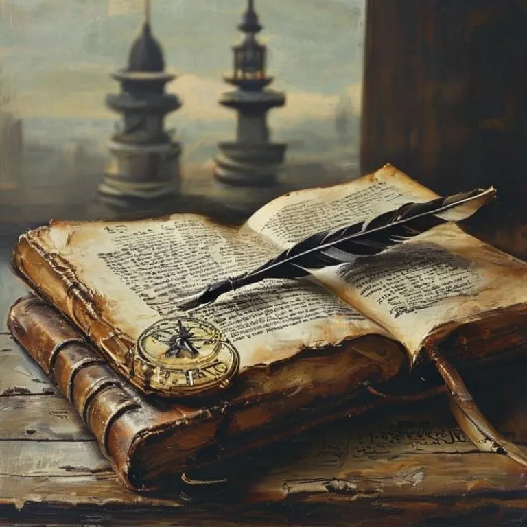 Pintura al óleo de un antiguo libro de leyes de cuero abierto con una pluma de ave y una brújula, sobre un fondo borroso de una torre de control, representando los marcos legales en aviación.