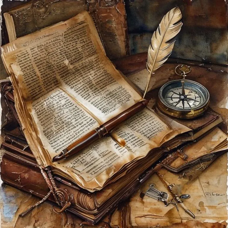 Pintura de acuarela de un libro de leyes antiguo con una pluma y un avión de papel, simbolizando la historia del derecho aéreo.