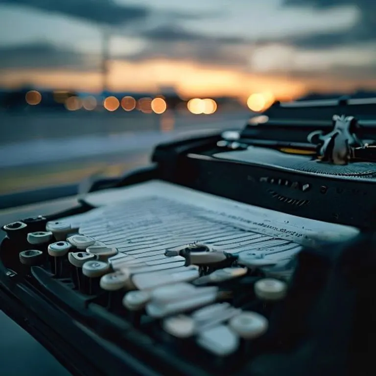 Fotografía cinematográfica de una máquina de escribir antigua con un documento legal y un aeropuerto borroso al fondo, fusionando el derecho y la aviación.