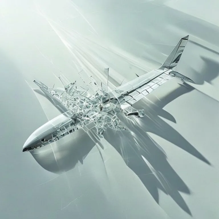Arte conceptual de un modelo de avión de cristal roto con rayos de luz que atraviesan las grietas, proyectando sombras complejas sobre una superficie blanca, simbolizando la búsqueda de la verdad y la transparencia.