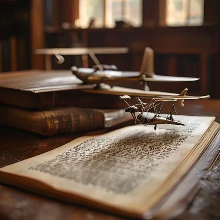 Naturaleza muerta de un libro legal de cuero desgastado abierto en una página resaltada, sobre un escritorio de madera pulida, con un modelo de avión vintage.