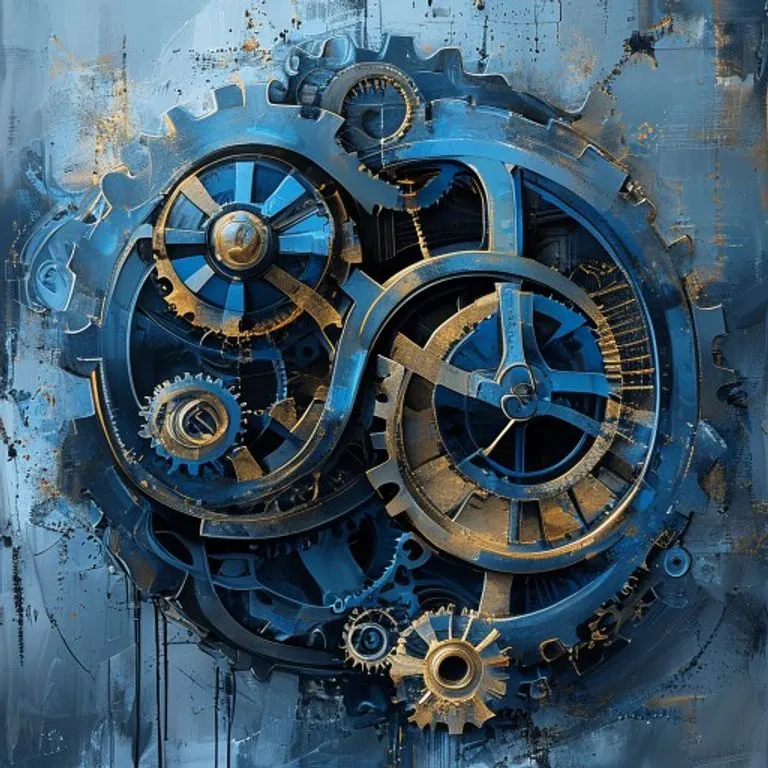 Pintura conceptual abstracta de engranajes y mecanismos de reloj entrelazados, simbolizando procesos legales y el paso del tiempo para la prescripción.