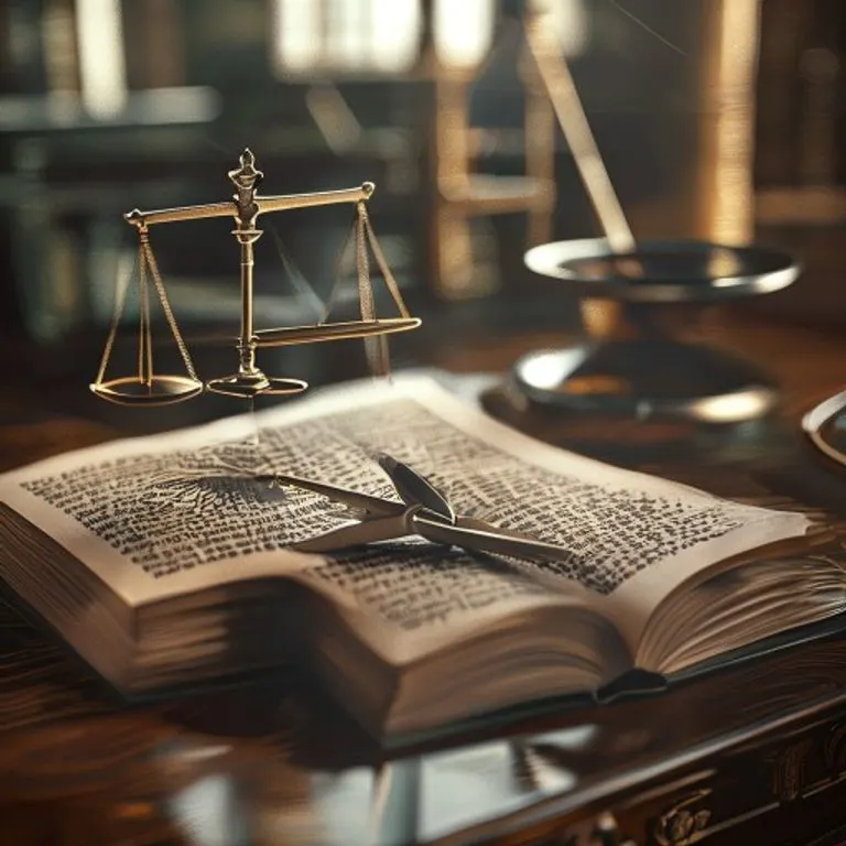 Libro de leyes antiguo abierto en un escritorio de madera, con una pequeña maqueta de avión y una balanza de la justicia, simbolizando la regulación legal de la aviación.