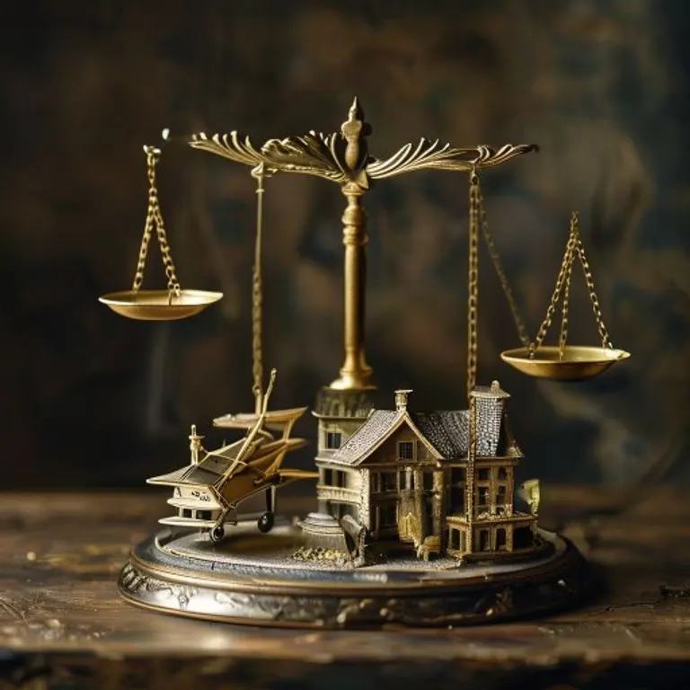 Bodegón cinematográfico de una balanza de la justicia con un avión en miniatura y un edificio.