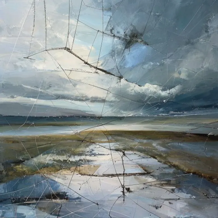 Pintura conceptual de un paisaje fragmentado con una línea divisoria entre tierra y cielo, conectada por elementos legales abstractos.