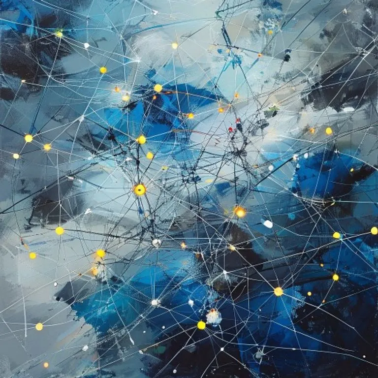 Pintura al óleo abstracta de rutas aéreas globales y puntos de conexión, con colores azules y grises, simbolizando la complejidad de la navegación aérea.