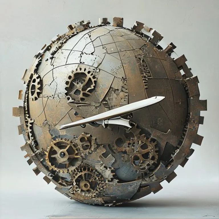 Arte conceptual de un globo terráqueo fragmentado con engranajes, simbolizando la complejidad de los tratados internacionales de aviación.