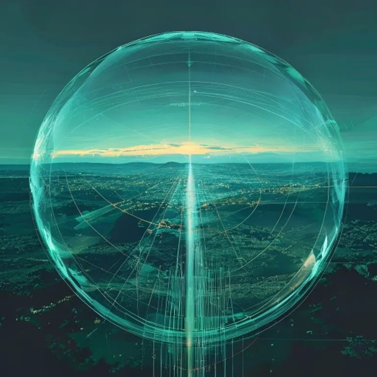 Arte conceptual abstracto de la soberanía del espacio aéreo, con un domo translúcido sobre un paisaje colombiano y líneas de vuelo internacionales.