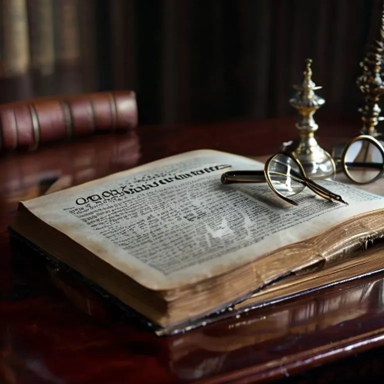 Bodegón cinematográfico de un libro legal antiguo abierto en una página sobre aeronáutica civil, con una pluma fuente y gafas de lectura sobre un escritorio de caoba. La iluminación es suave y direccional, resaltando la textura del papel.