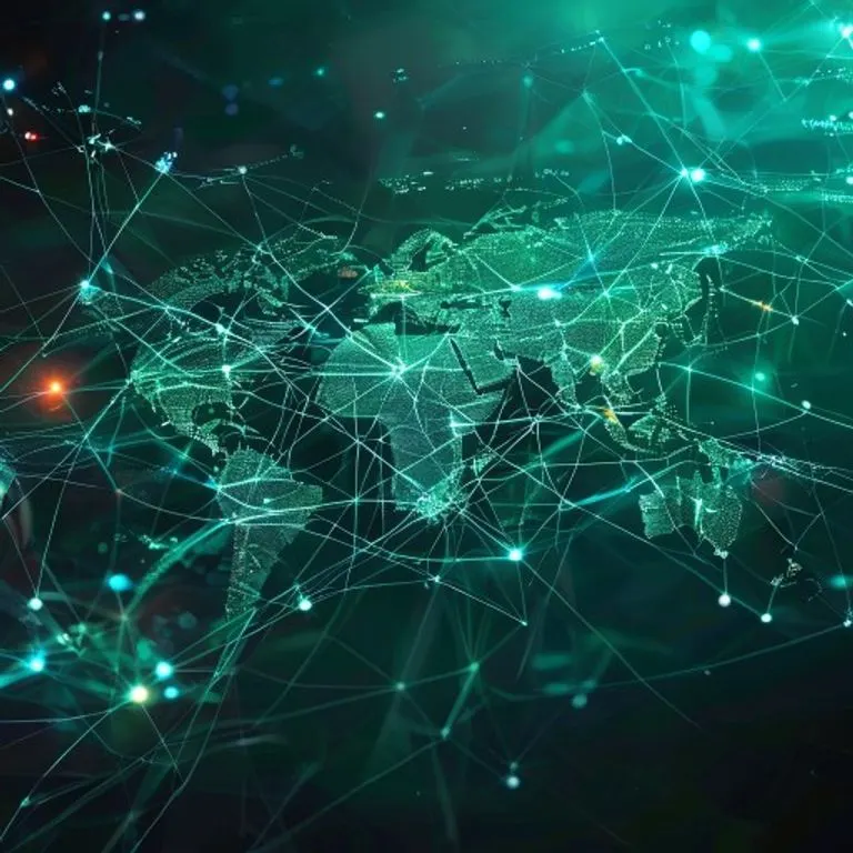 Arte conceptual abstracto de líneas digitales interconectadas formando una red compleja, simbolizando el control de tráfico aéreo global y el flujo de datos. Las líneas son azules y verdes vibrantes sobre un fondo oscuro, con nodos brillantes que representan aeronaves y puntos de comunicación.