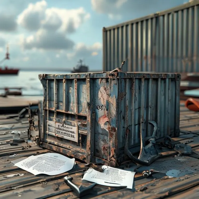 Representación 3D de un contenedor de carga dañado en un muelle, rodeado de documentos legales y un ancla rota.