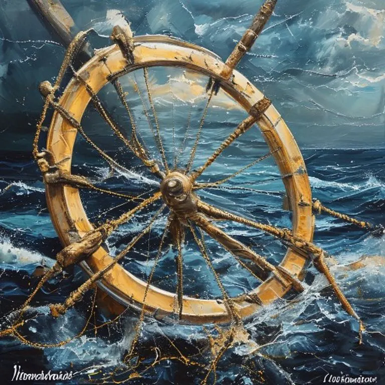 Pintura al óleo abstracta de una rueda de barco rota siendo reparada con hilos dorados, sobre un mar tormentoso, simbolizando la reparación y la restitución legal.