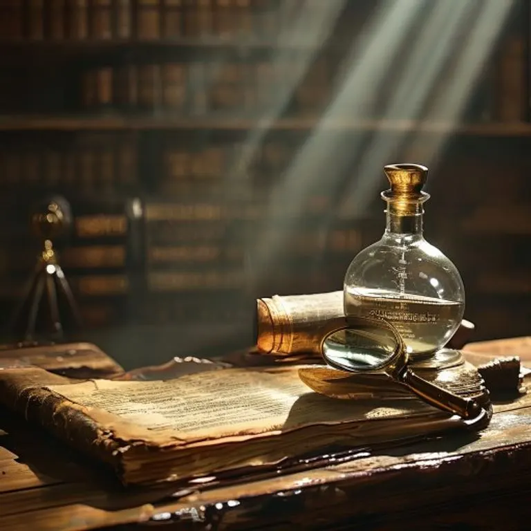 Bodegón de un escritorio antiguo con libros de leyes, una lupa de latón y un barco en botella, iluminado por un rayo de luz.