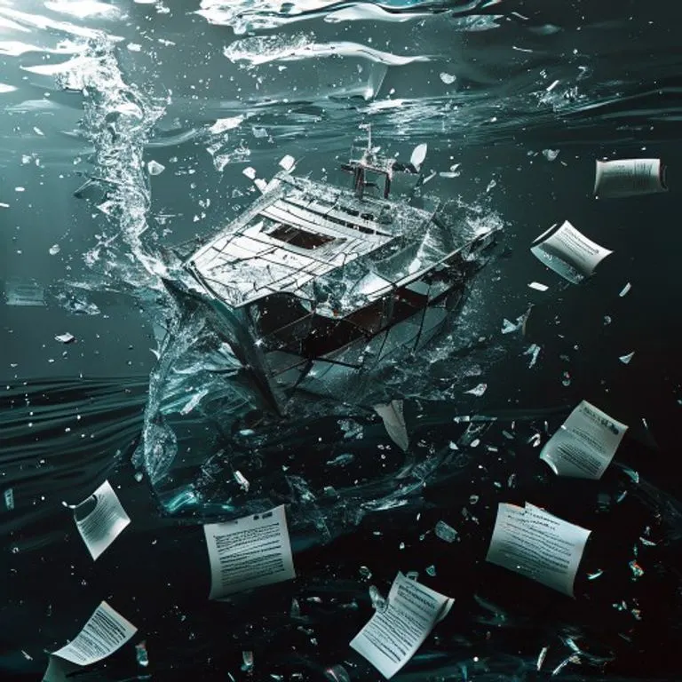 Arte conceptual abstracto de un barco de cristal roto, parcialmente sumergido en agua oscura, con fragmentos de documentos legales flotando.