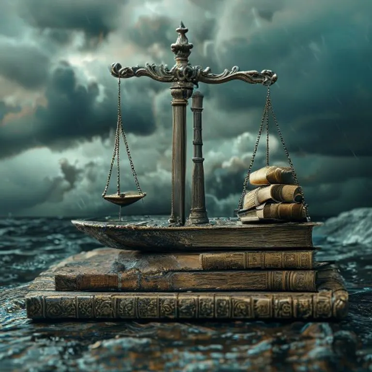 Balanza de la justicia con barco y documentos legales