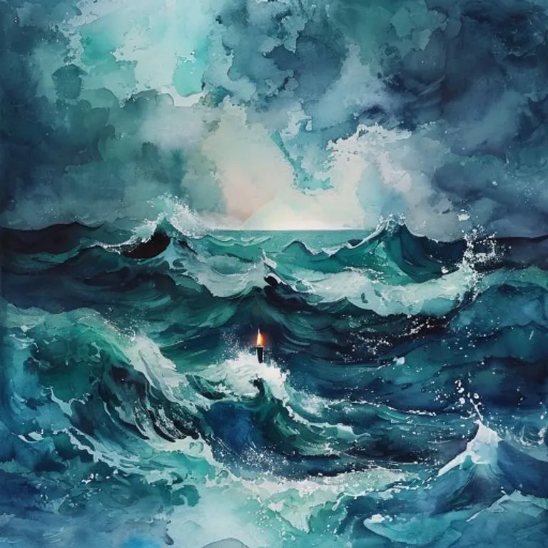 Pintura abstracta en acuarela de olas oceánicas turbulentas en tonos índigo y verde azulado, con un faro lejano simbolizando protección.