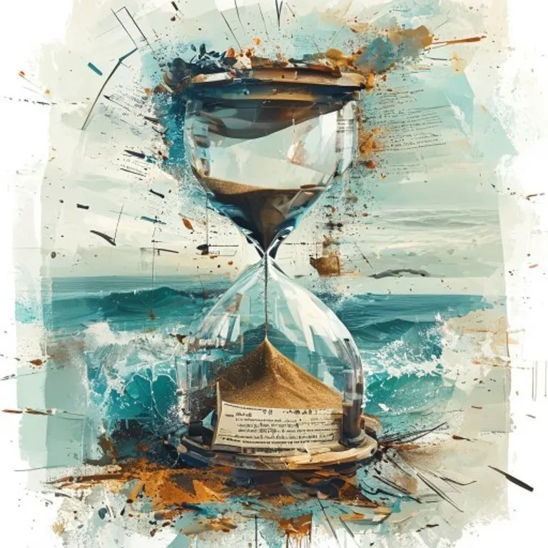 Reloj de arena fragmentado con arena derramándose y elementos legales y marinos abstractos