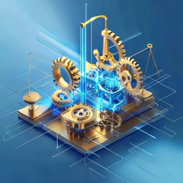 Render 3D abstracto de engranajes y cogs interconectados, con rayos de luz azul y dorado, simbolizando un complejo marco legal.