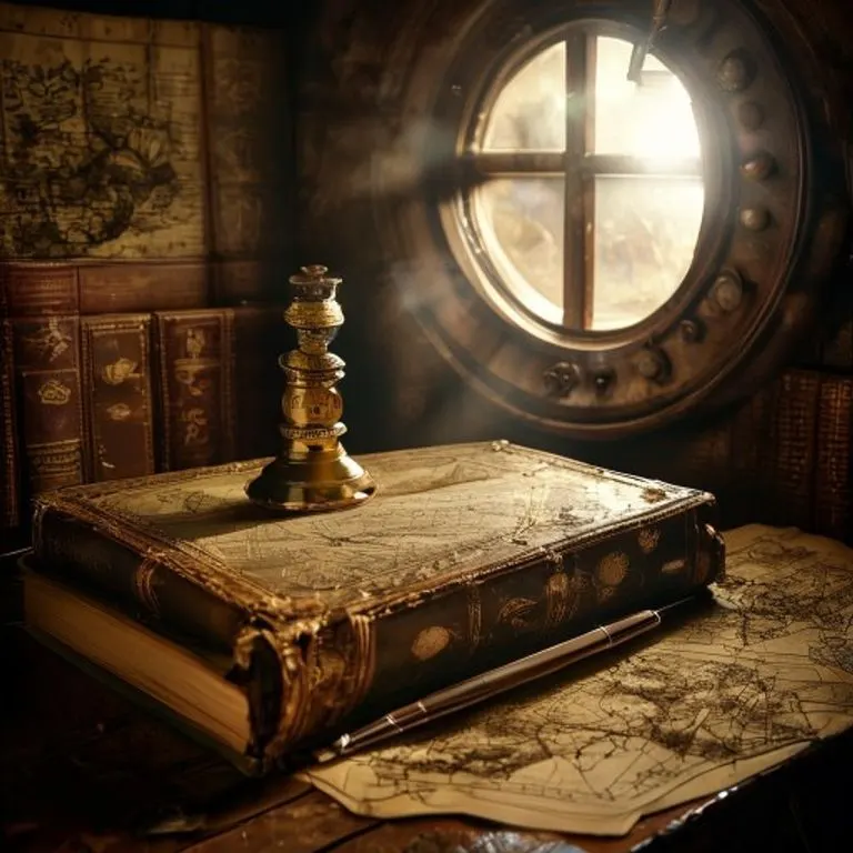 Fotografía cinematográfica de un sextante de latón antiguo sobre libros de leyes, con un mapa de rutas comerciales de fondo, simbolizando la historia del derecho marítimo.