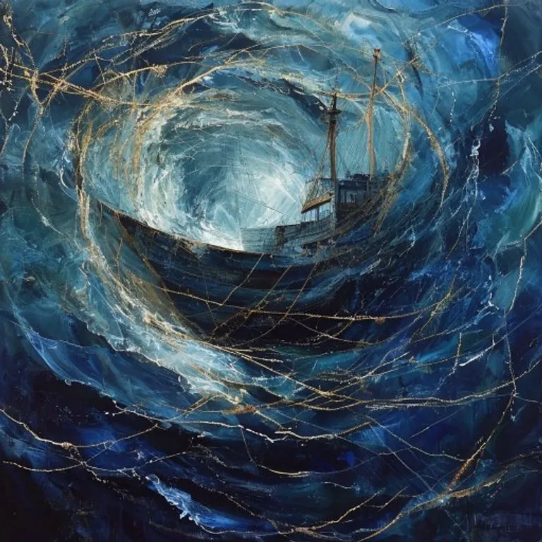 Pintura al óleo abstracta de un casco de barco fragmentado en un vórtice azul y gris, con hilos dorados que simbolizan pólizas de seguro y protección marítima.
