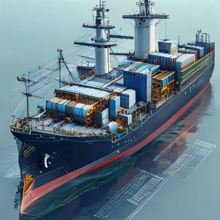 Render 3D de la sección transversal de un carguero moderno con equipo financiero, mostrando el valor del buque y sus costos operativos.