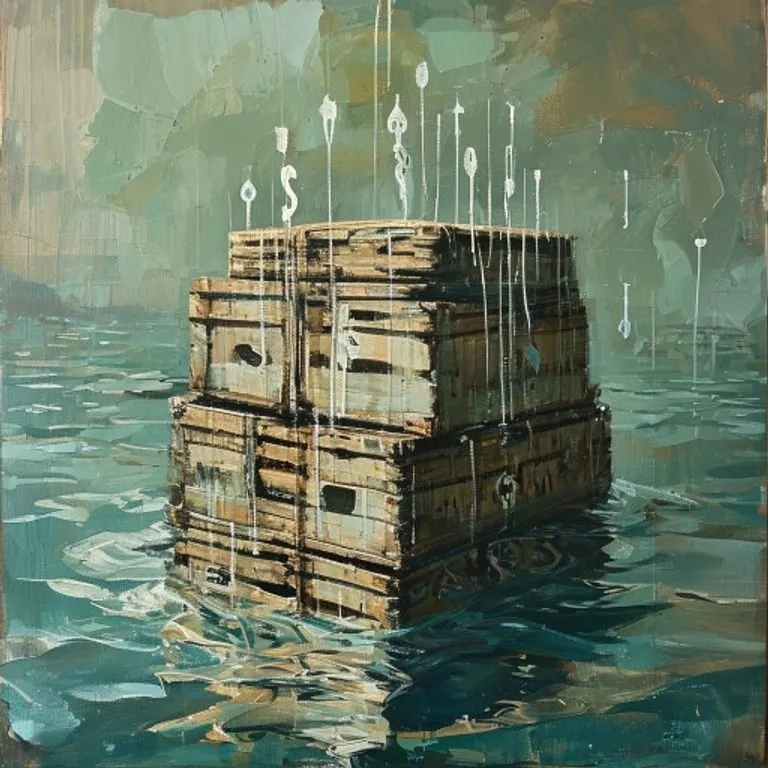Pintura conceptual de cajas de envío parcialmente sumergidas, con símbolos de dinero flotando, representando la pérdida de mercancías y el lucro cesante.