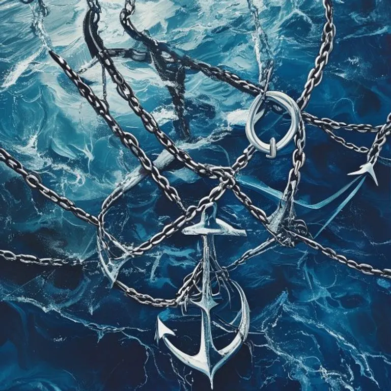 Arte conceptual abstracto de cadenas y anclas emergiendo de aguas turbulentas, simbolizando la complejidad de las leyes marítimas y los seguros.