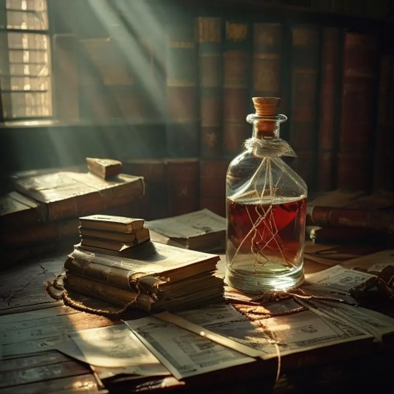 Escritorio con libros de leyes, barco en botella y documentos de embarque, iluminado dramáticamente.