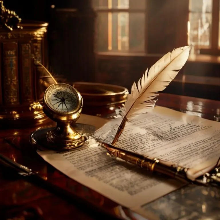 Naturaleza muerta cinematográfica de documentos legales, una pluma de ave y una brújula antigua de latón sobre un escritorio de caoba pulido.